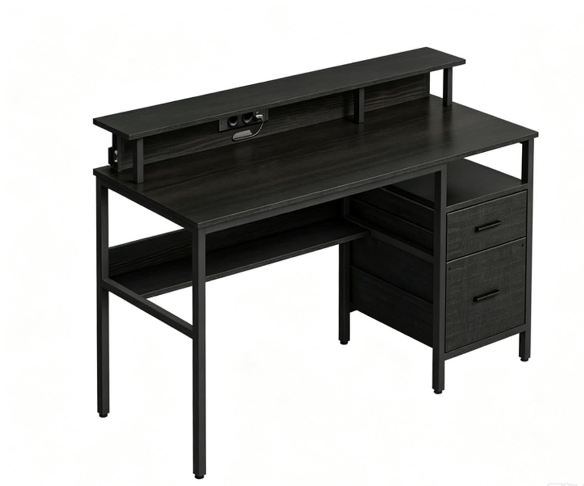 Bureau Computerbureau Zwart 55 x 135 x 90 cm, Bureau met Stopcontacten en USB, Monitorstandaard, LED Verlichting, Opbergruimte, Lades, Gaming Bureau, Thuiswerkplek, Schrijftafel, Metalen Frame, Multifunctioneel, Kantoor, Slaapkamer — afbeelding 1
