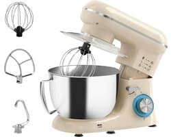 Keukenmachine 1300W Beige - Keukenmixer met 4,5L RVS Mengkom - 6 Snelheden met Pulsfunctie - Kneedmachine met Deeghaak, Garde en Klopper