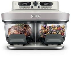Ninja CRISPi DualZone Glazen Airfryer - 2 manden - 8 kookfuncties - Kook twee gerechten tegelijkertijd - PFAS-vrije glazen schalen - Inclusief deksels - Gebroken wit - DD102EUIV2