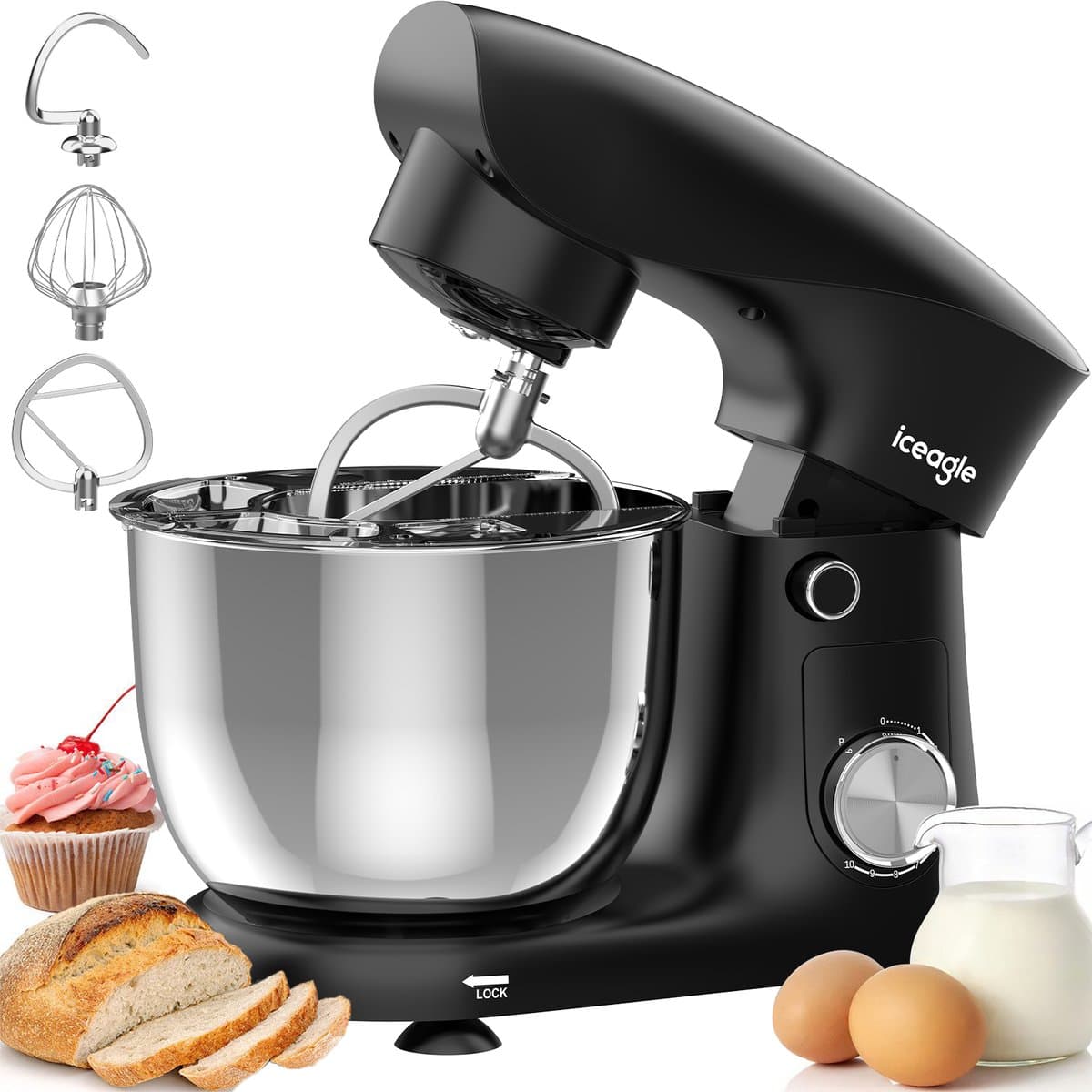 Keukenmixer - Stille Werking - 5L Mengkom - 10 Snelheden - Inclusief Deeghaak, Garde & Menghaak - Keukenrobot - Zwart — afbeelding 1