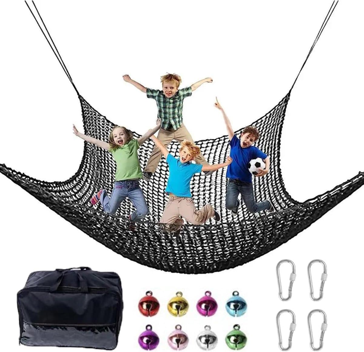Klimnet voor speelplaats, 1 x 3 m, dubbellaags, veiligheidsnet voor kinderen, 4 haken, 8 bellen, voor gebruik binnen en buiten, valpreventie (zwart) — afbeelding 1