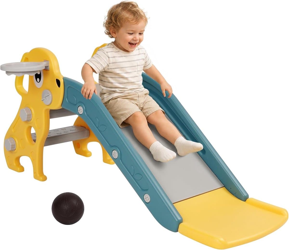 Glijbaan voor kinderen, kleine kinderglijbaan met basketbalmand, tuinglijbaan, peuterglijbaan, kinderspeelglijbaan binnen jaar, kinderglijbaan voor binnen en buiten, babyglijbaan, geel — afbeelding 1