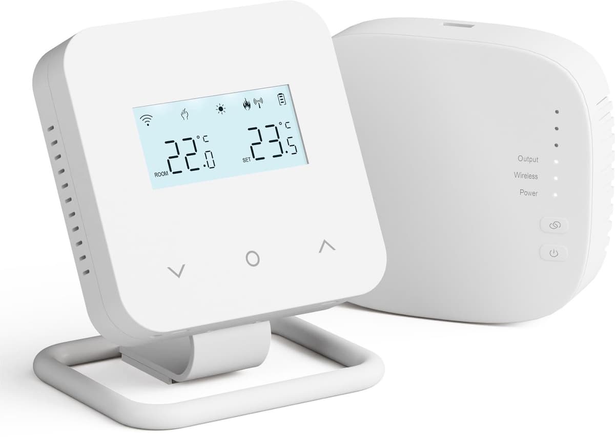 Slimme thermostaat voor gasboiler en waterverwarming, draadloze thermostaat en ontvanger voor centrale verwarming, programmeerbare kamerthermostaat, compatibel met APP en — afbeelding 1