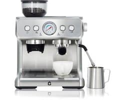 Espressomachine RVS met Bonenmaler - 42x40x48cm - Koffiemachine - 20 Bar Druk - 1400W - Afneembare 2.8L Watertank - met Stoompijp - Voor Thuis En Kantoor - Zilver
