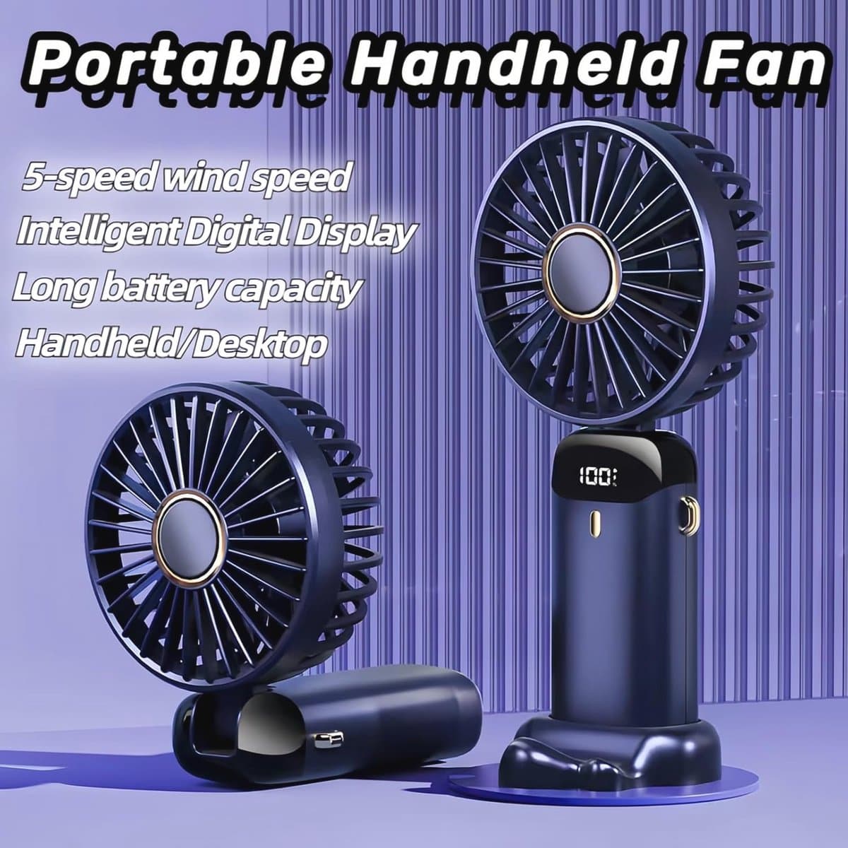 Draagbare Handventilator met LED-Display - 3-in-1 Persoonlijke Ventilator met 90° Opvouwbaar Ontwerp en 5 Snelheden — afbeelding 1