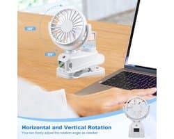 Klemventilator met USB-oplaadfunctie en 4 snelheden, geschikt voor kantoor en thuis, met LED-display