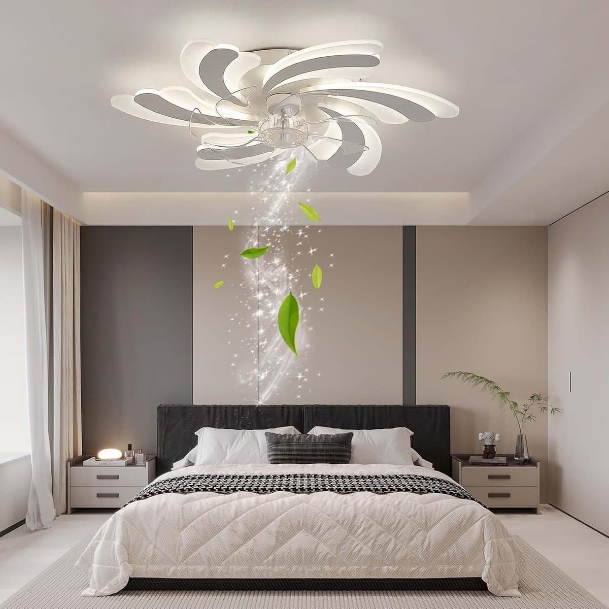 Stille Plafondventilator met Dimbare LED Verlichting - Laag Profiel Wit Bloem Design — afbeelding 1