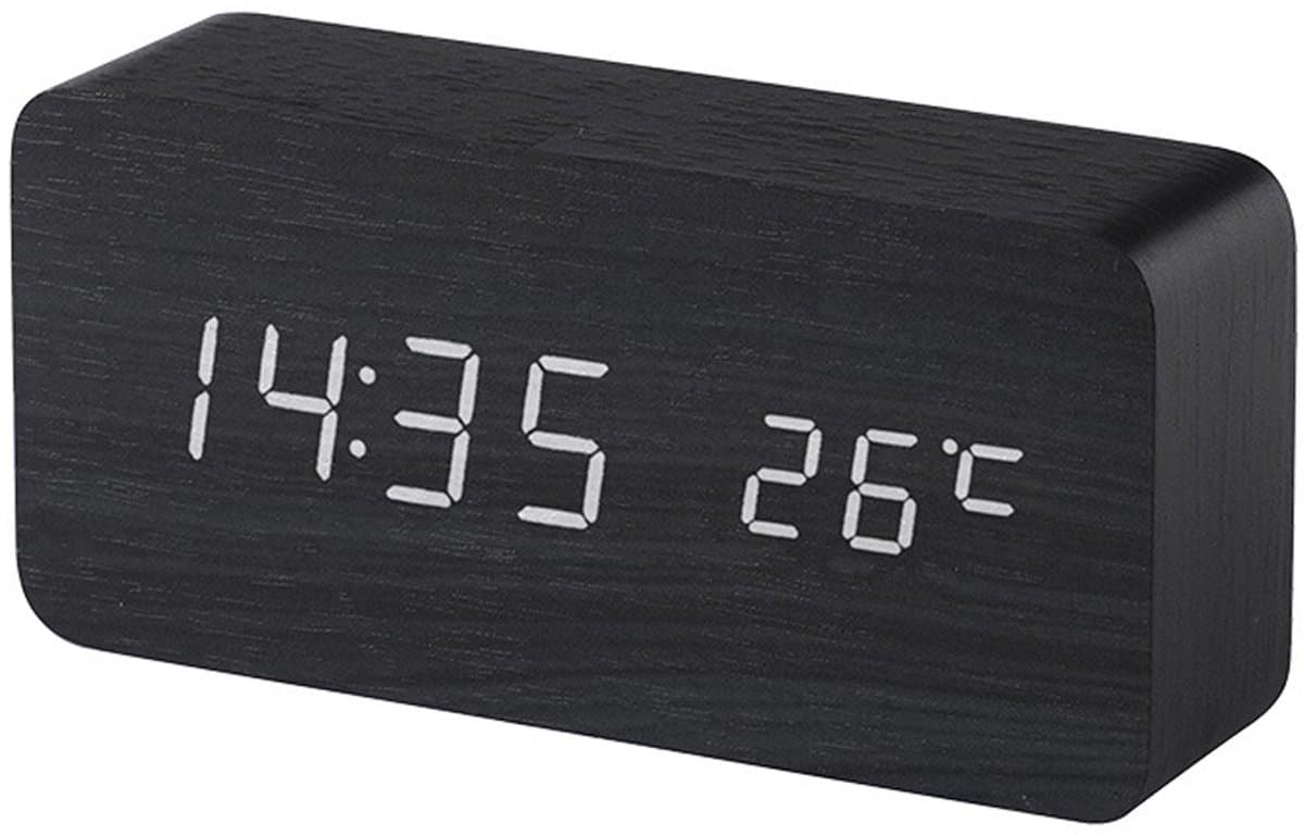QTTVBTNA -Digitale wekker, houten design, elektronisch led-display, tijd- en datumweergave, temperatuur- en vochtigheidsmeting, 3 alarminstellingen, 3 helderheidsniveaus, geschikt voor thuis, slaapkamer, kantoor en op reis - zwart — afbeelding 1