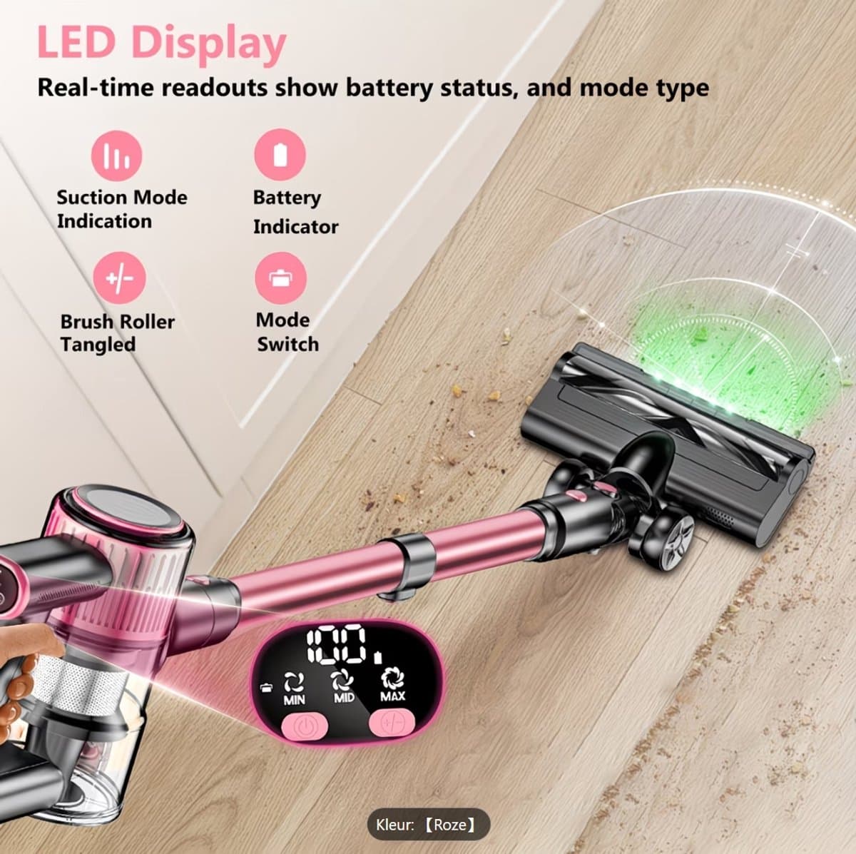 Draadloze Steelstofzuiger 45KPA – Krachtige Accu Stofzuiger met LED Display, 6-Laags Filtersysteem, 45 Min Accuduur, Inclusief 10 Opzetstukken – Geschikt voor Huisdieren & Harde Vloeren ROZE — afbeelding 1
