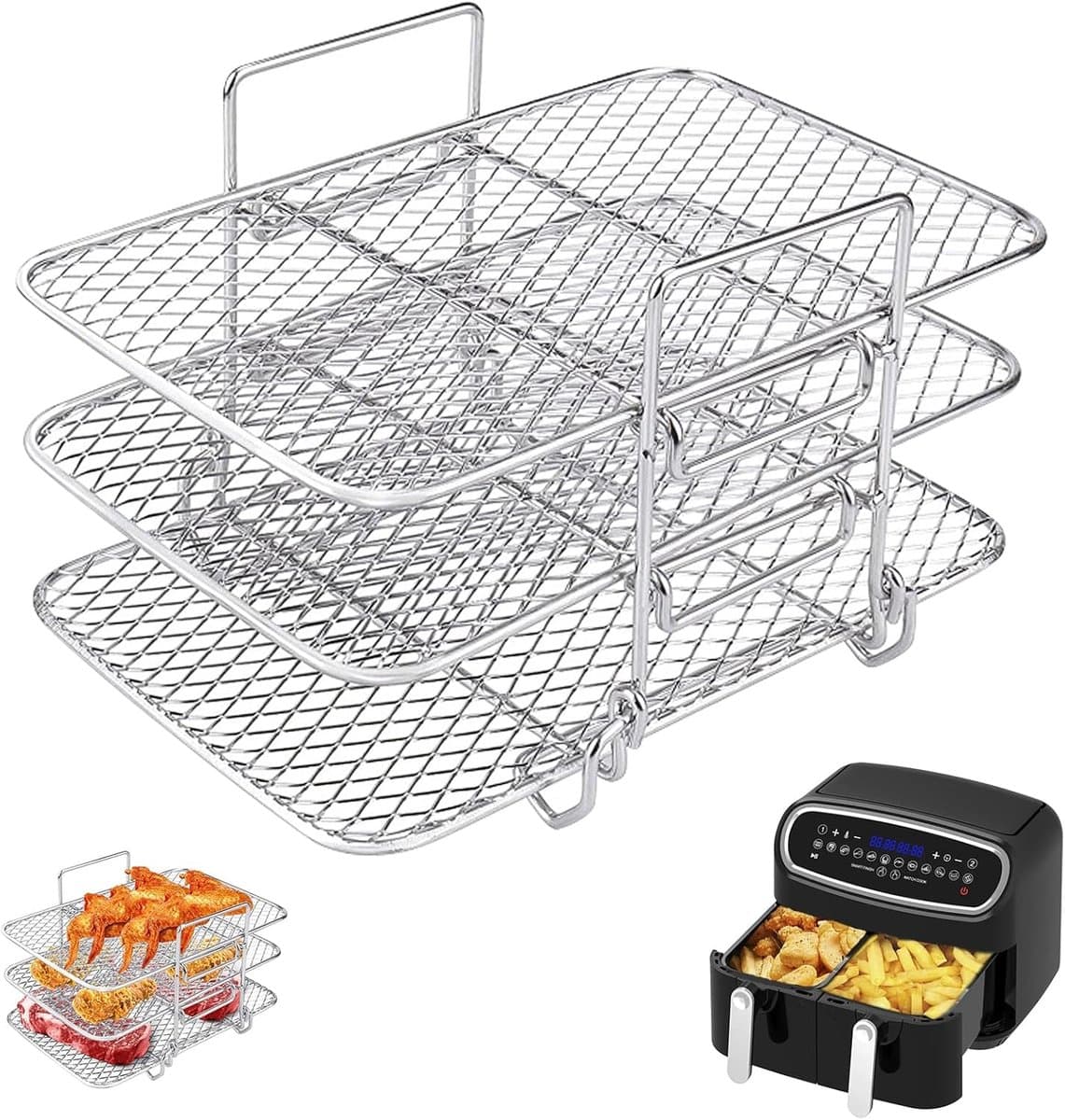 Geschikt voor Airfryer-rekken- Airfryer-accessoires 3 rekken- Airfryer-rek met dubbele mand 304 roestvrij staal keukenaccessoires voor airfryer- geschikt voor airfryers met dubbele mand (19-3 * 12-3 * 11-5 cm) — afbeelding 1