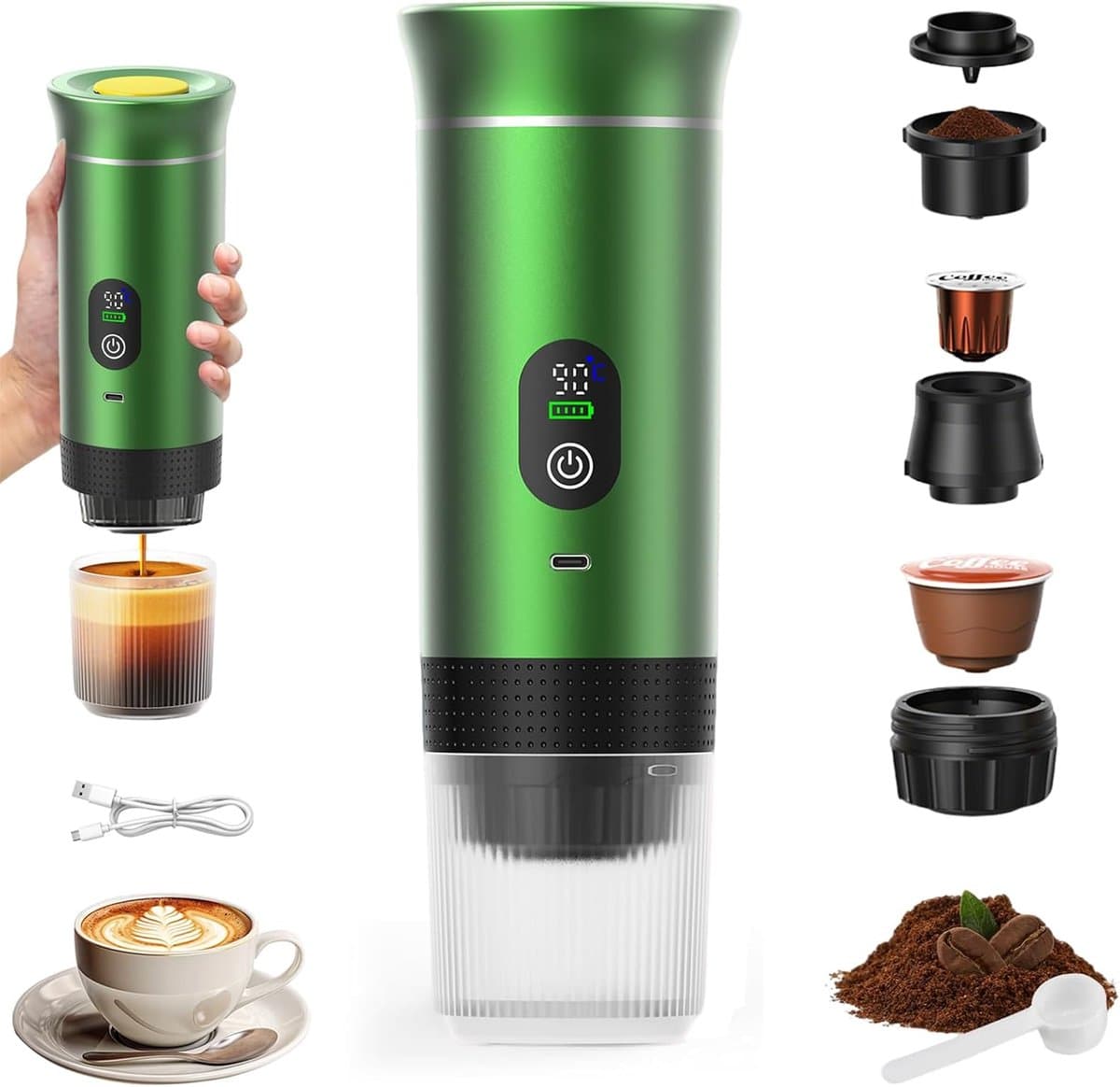 Draagbaar koffiezetapparaat 3-in-1 - Oplaadbaar, draagbaar reiskoffiezetapparaat - 20-25 uur - 12V espressomachine voor capsule-Capaciteitsupgrade -CNC - Verhoogde capaciteit-gemalen koffie - voor kamperen, reizen, kantoor, auto en thuis (Groen) — afbeelding 1
