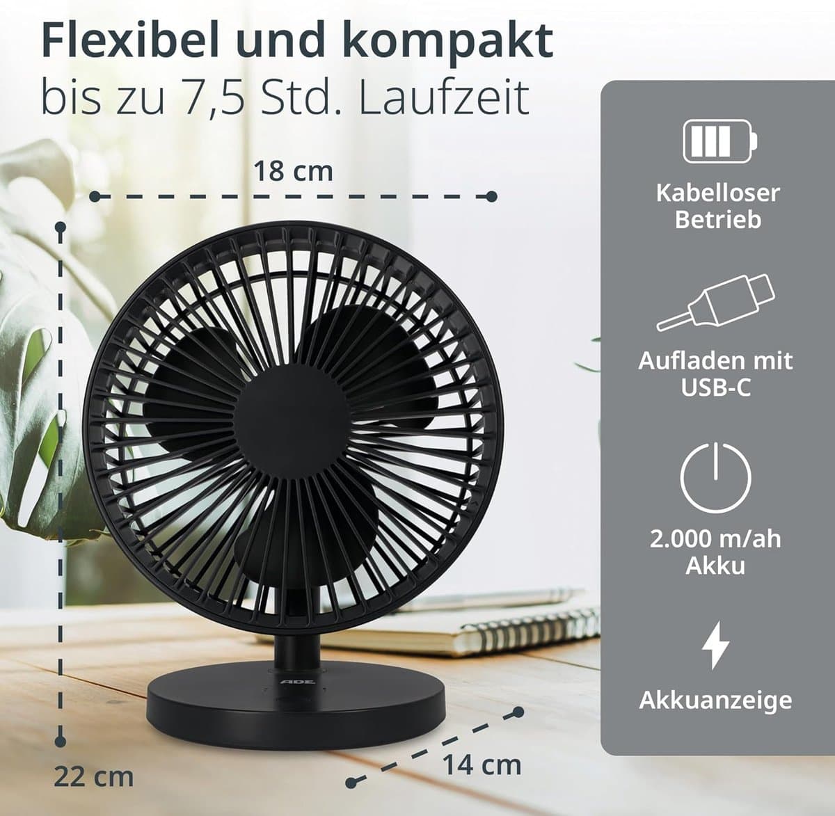 RFWR® Stille USB-tafelventilator met 3 snelheden en 180° kantelhoek | Draagbare ventilator met lange batterijduur | Ideaal voor kantoor en slaapkamer — afbeelding 1