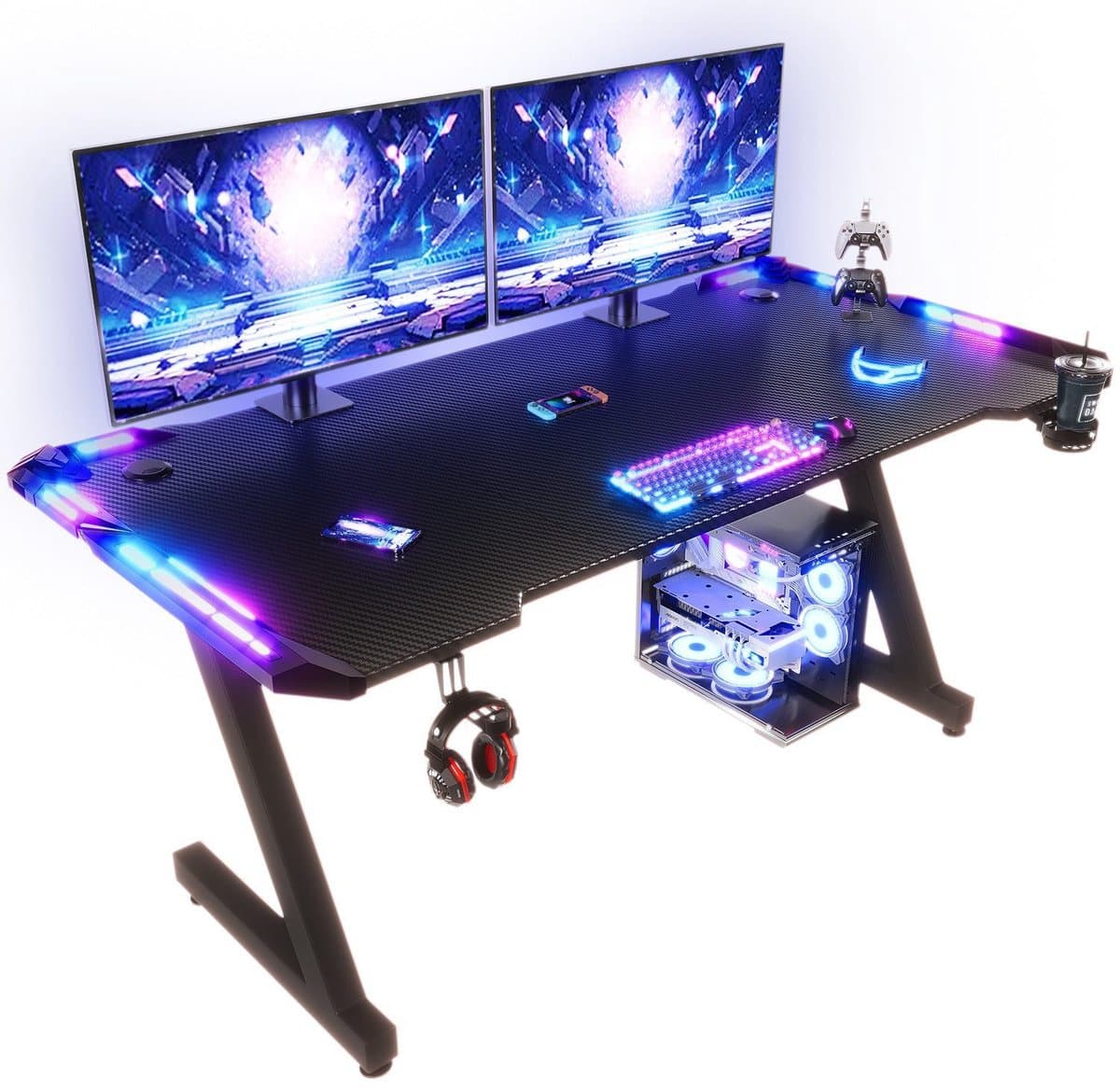 Devoko Gamingbureau 160 × 60 × 75 cm – Carbonlook met LED-verlichting en Touchbediening – Draagvermogen 100 kg – Bekerhouder en Koptelefoonhaak – Zwart — afbeelding 1
