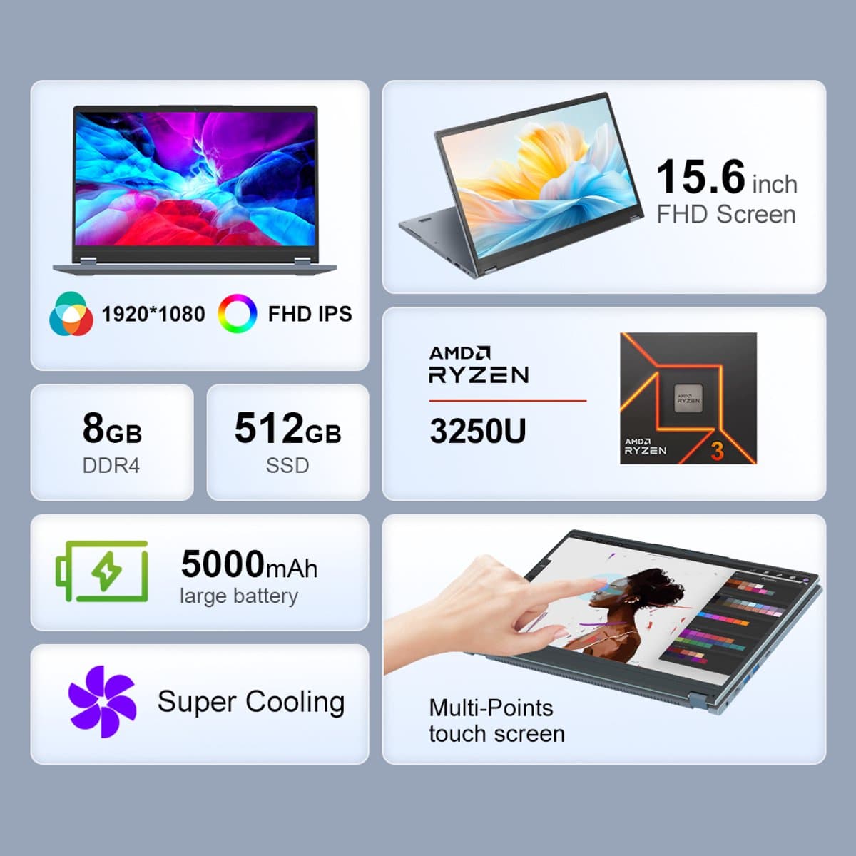 2-in-1 Laptop 8GB DDR4+512GB SSD - AMD Ryzen 3 3200U - 15,6 Inch FHD IPS Touchscreen - Windows 11 Pro - Convertible Notebook — afbeelding 1