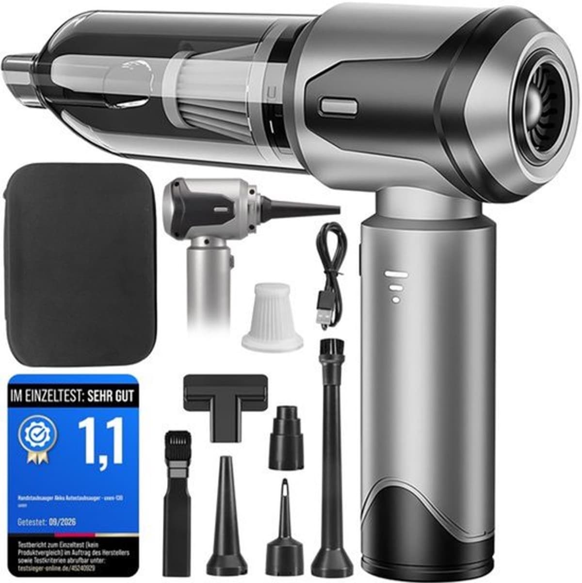 Handstofzuiger, accu, autostofzuiger, sterk, 26000 Pa, 4-in-1 mini-stofzuiger, draadloos, Car Vacuum Cleaner Air Duster, draagbaar, licht en oplaadbaar voor auto, thuis, huisdieren, zilvergrijs — afbeelding 1
