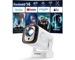 4K Smart Beamer,Mini-projector met wifi 6,Bluetooth 5.4,1080p Full HD Draagbare Projector met Android 14.0,270 graden rotatie,Home Cinema Proyector voor Slaapkamer Buiten en