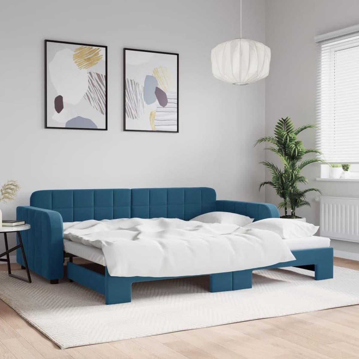 Bedframe, familiebed, tweepersoonsbed, slaapkamermeubel, dagbed, uittrekbaar, blauw, 90x200 cm, fluweel — afbeelding 1
