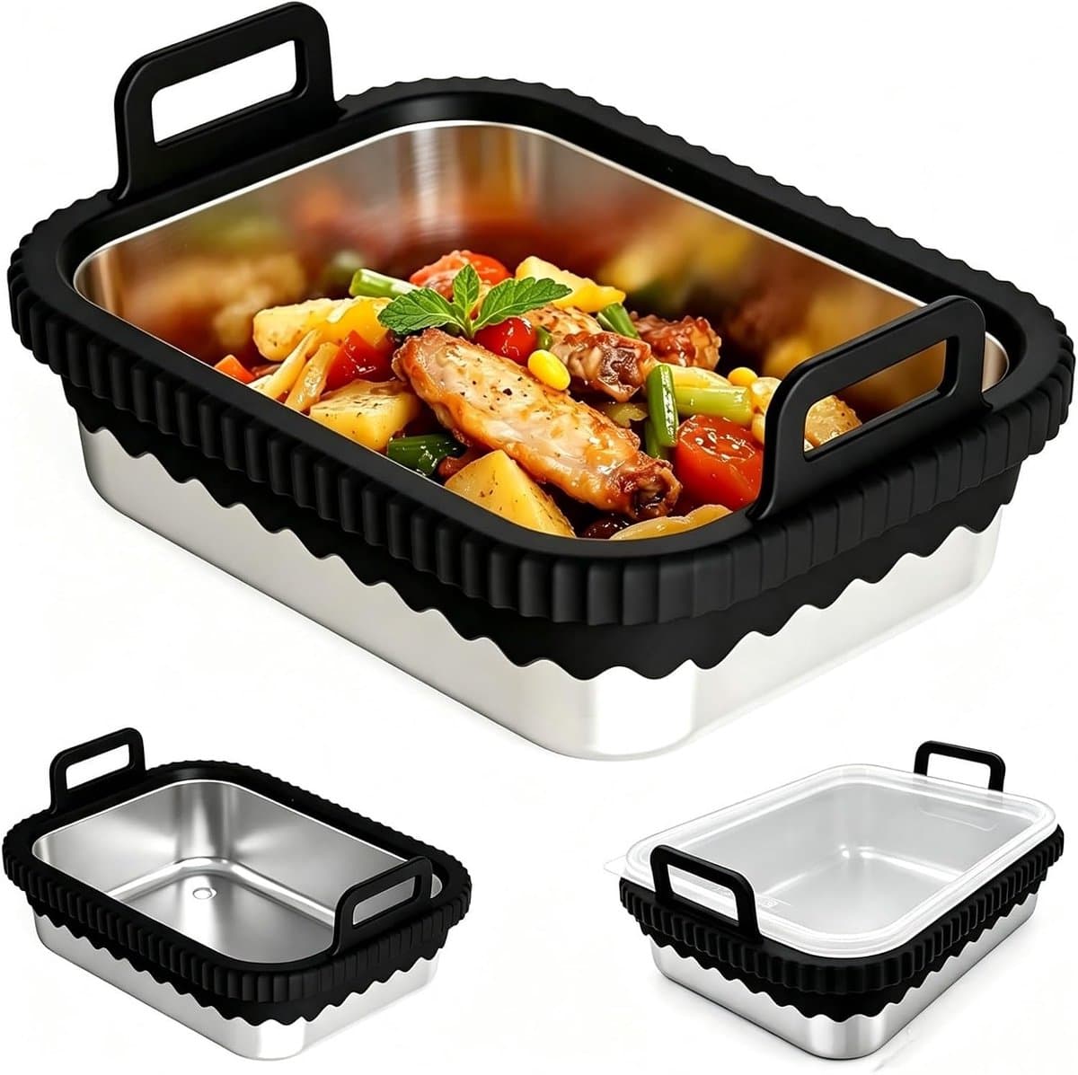 Airfryer roestvrij staal voor COSORI heteluchtfriteuse voor Ninja heteluchtfriteuse AF400EU AF500EU SL400EU AF451EU, roestvrijstalen airfryer accessoires, afneembare siliconen ring (zwart — afbeelding 1