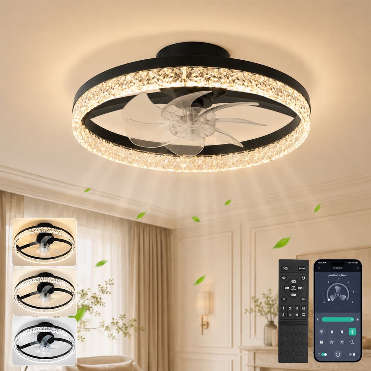 Rosnek Slimme Plafondventilator met Verlichting - Kristallen Plafondlamp met Ventilator - Stille DC-Motor - Zomer en Winterstand - Traploos Dimbaar - App & Afstandsbediening - 6 Snelheden - Ø 45 cm — afbeelding 1