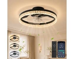 Rosnek Slimme Plafondventilator met Verlichting - Kristallen Plafondlamp met Ventilator - Stille DC-Motor - Zomer en Winterstand - Traploos Dimbaar - App & Afstandsbediening - 6 Snelheden - Ø 45 cm