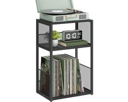 FurnStar – Platenspeler standaard – 3 etages – Opslag tot 100 LP’s – Bijzettafel – Industriële stijl – 30 x 43 x 69 cm – Ebbenhout zwart