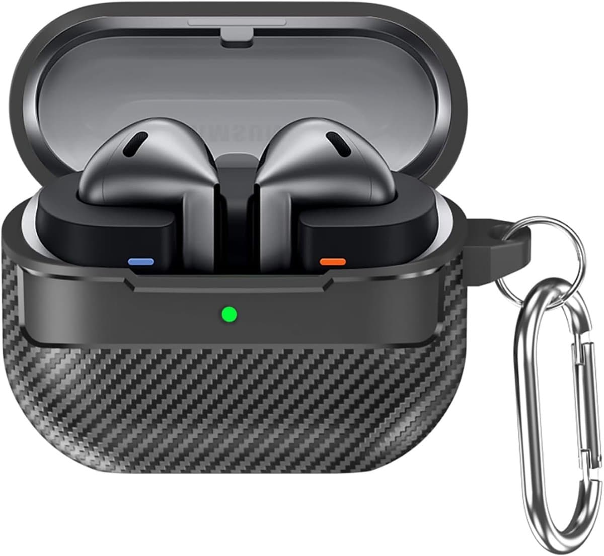 Geschikt voor Samsung Galaxy Buds 3 Pro/Buds 3 beschermhoes, zachte TPU schokbestendige beschermhoes, koolstofvezeltextuur met sleutelhanger, zwart — afbeelding 1