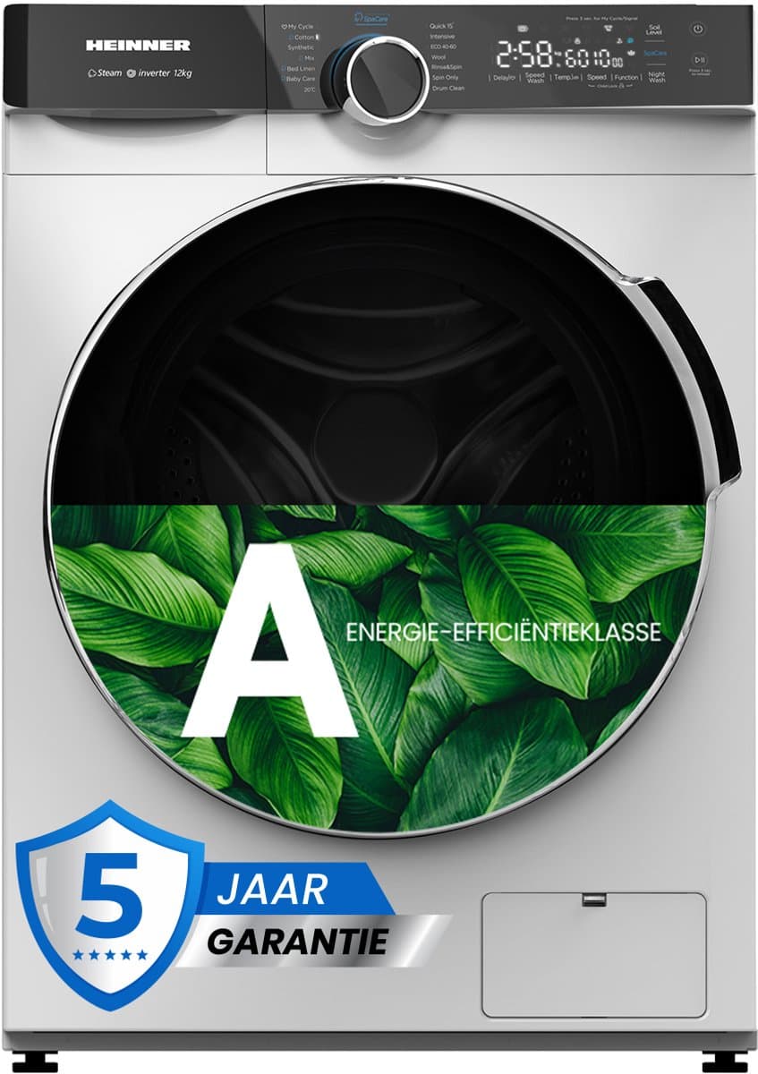Heinner HWM-M1214IVKA+++ Wasmachine 12 kg – 1400 tpm – Inverter – Energieklasse A – 14 Programma’s – 15 min Snelprogramma – Stoomfunctie – Touchbediening – Wit – 5 Jaar Garantie — afbeelding 1