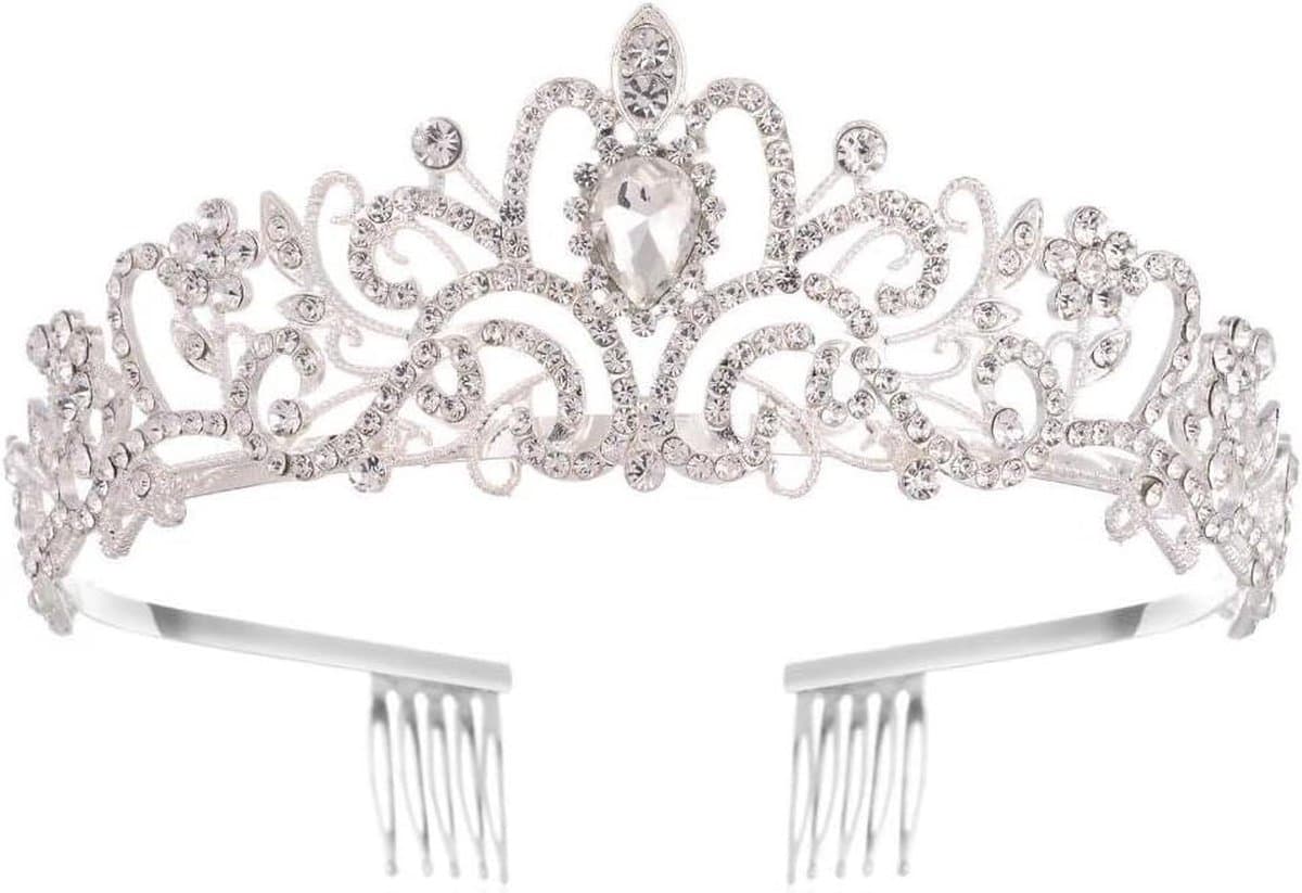 Kristallen kroon - Bridal prinsessendiadeem - Tiara voor bruiloft - Gala bruidsdouche - Halloween kostuum - Zilver - Eén maat metaal — afbeelding 1