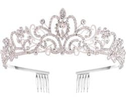 Kristallen kroon - Bridal prinsessendiadeem - Tiara voor bruiloft - Gala bruidsdouche - Halloween kostuum - Zilver - Eén maat metaal