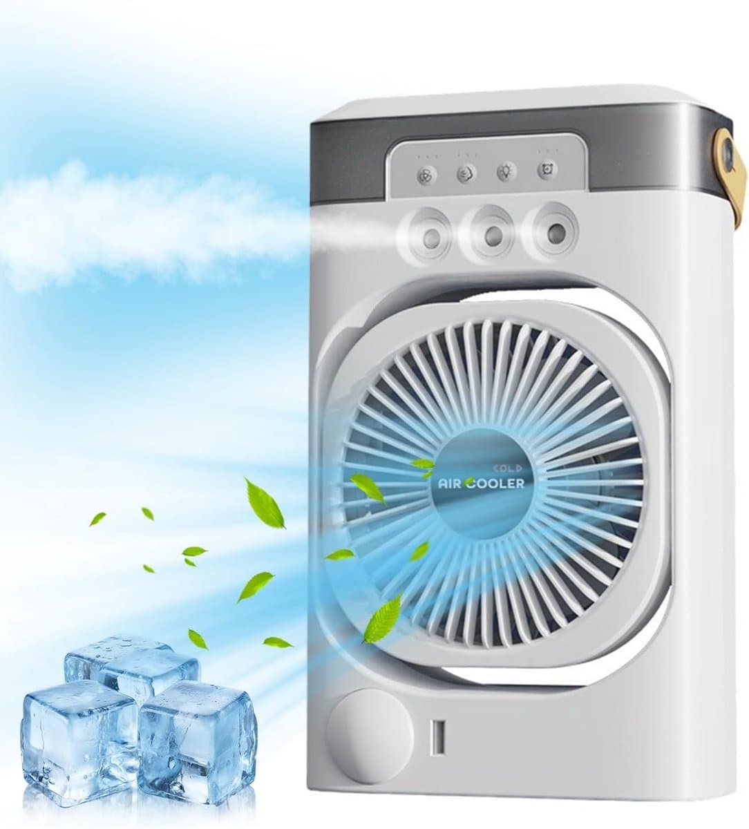 Draagbare ijsblokjesventilator met watergekoelde luchtkoeler, 3-in-1 mini-verdampingskoelventilator met ledverlichting, timer, 3 ventilatorsnelheden en sproeistand. — afbeelding 1