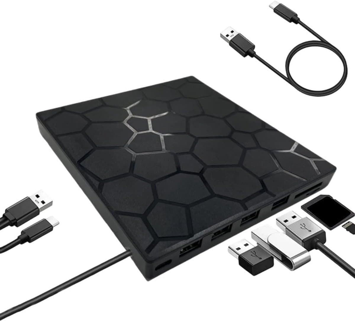 Externe DVD CD Drive - Hub Kaartlezer - Gegevens Overzetten - 7-in-1 Ontwerp - 16.5 cm - Zwart — afbeelding 1