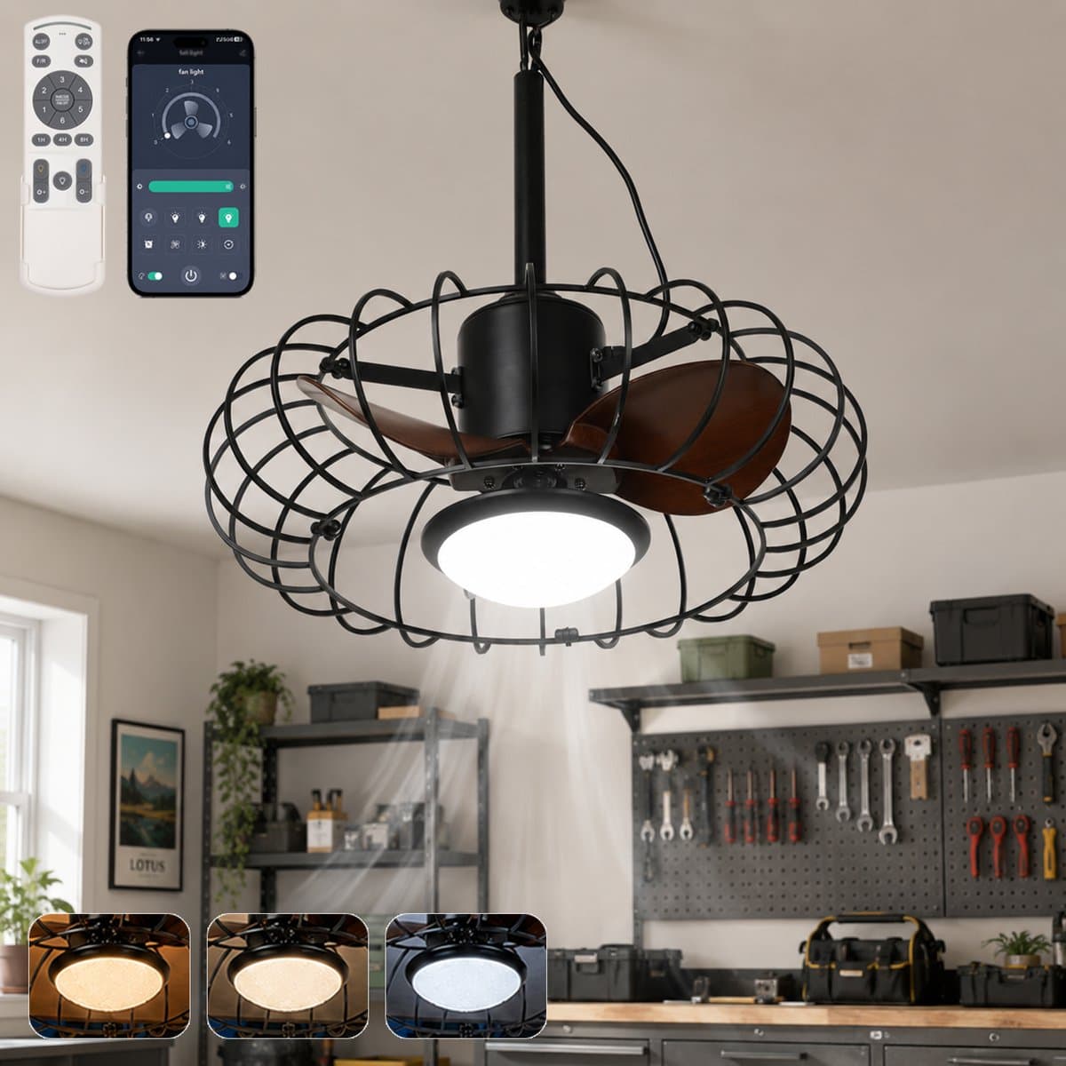 Rosnek Outdoor Plafondventilator met Lamp Ø 50 cm - IP65 Waterdichte Tuinventilator Dimbare - Plug-in Hangende Ventilatorlamp voor Overkapping - App & Afstandsbediening - Stille DC-Motor 6 Snelheden - Voor Gazebo - Zwart — afbeelding 1