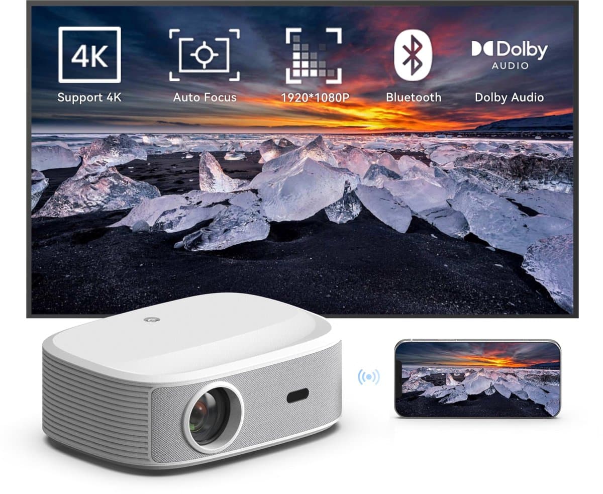 SnelShoppen - Maxxo Projector LED800, Native Full HD 1080P, 700 ANSI Lumen, 4K Ondersteuning, Autofocus, 5G WiFi, Bluetooth, Dolby Audio, Netflix Gece — afbeelding 1