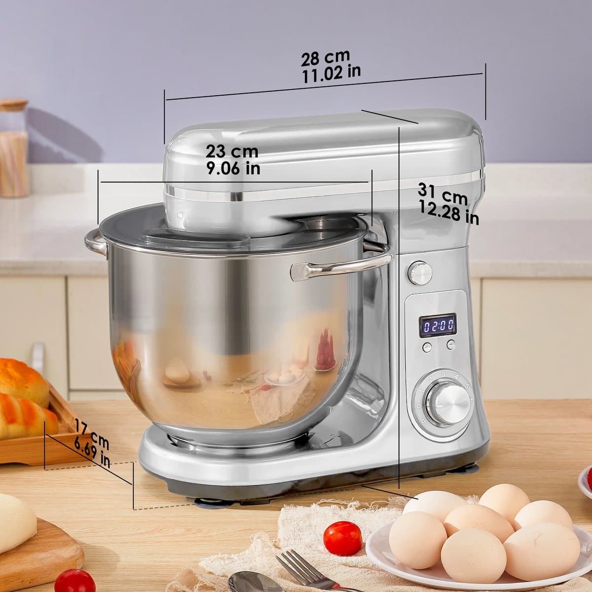 Keukenmachine 6L - 1200W - Staande Mixer - RVS Mengkom - 6 Snelheden + Pulse - LED Display - Inclusief Garde, Deeghaak & Platte Menghaak - Zilver — afbeelding 1