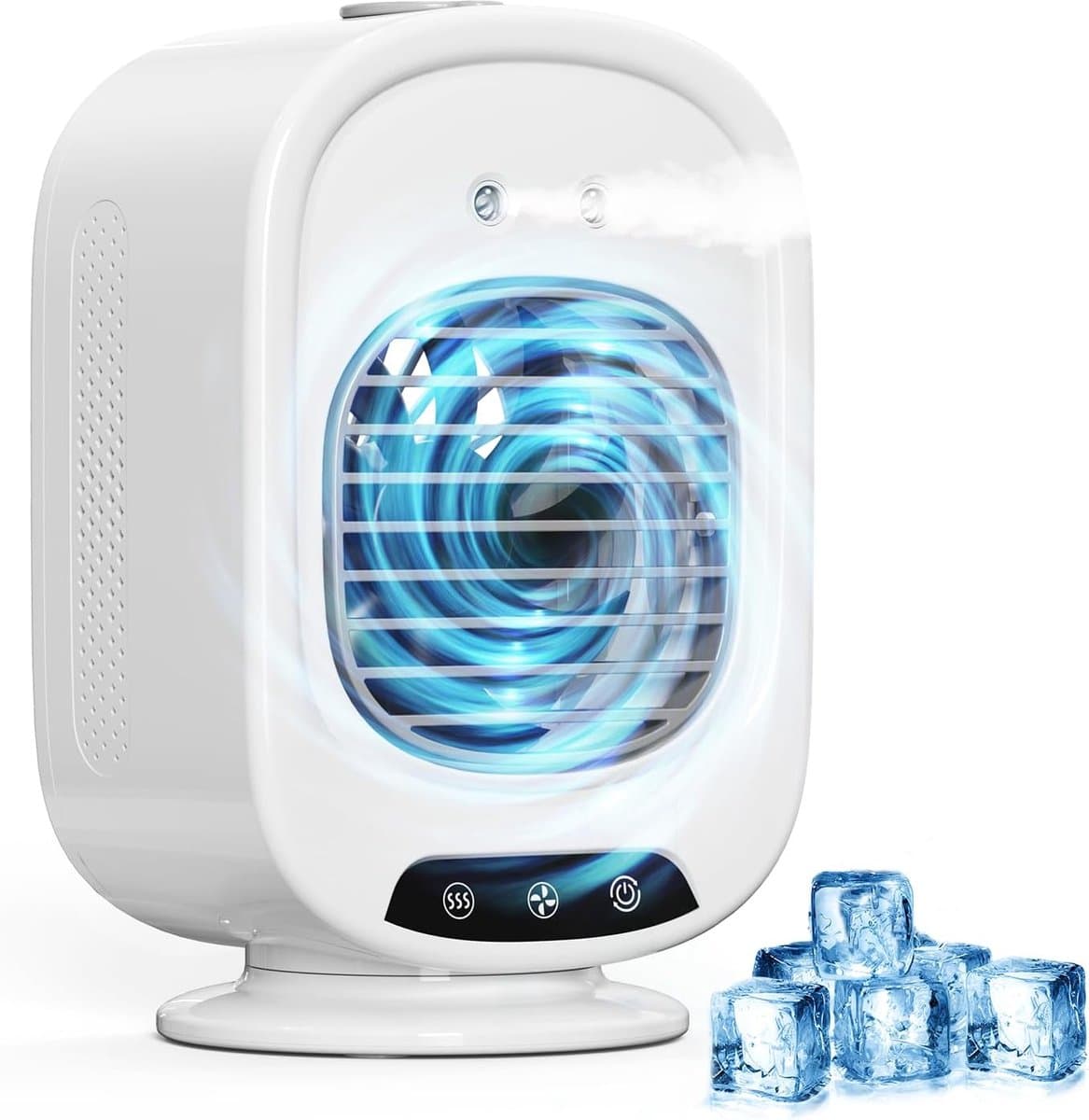 Draagbare mobiele airconditioner, 4-in-1 mini-luchtkoeler, stil, 3 snelheden, 300 ml, USB, vernevelingsventilator, mini-airconditioner voor kantoor, slaapkamer, auto, camping (wit) — afbeelding 1
