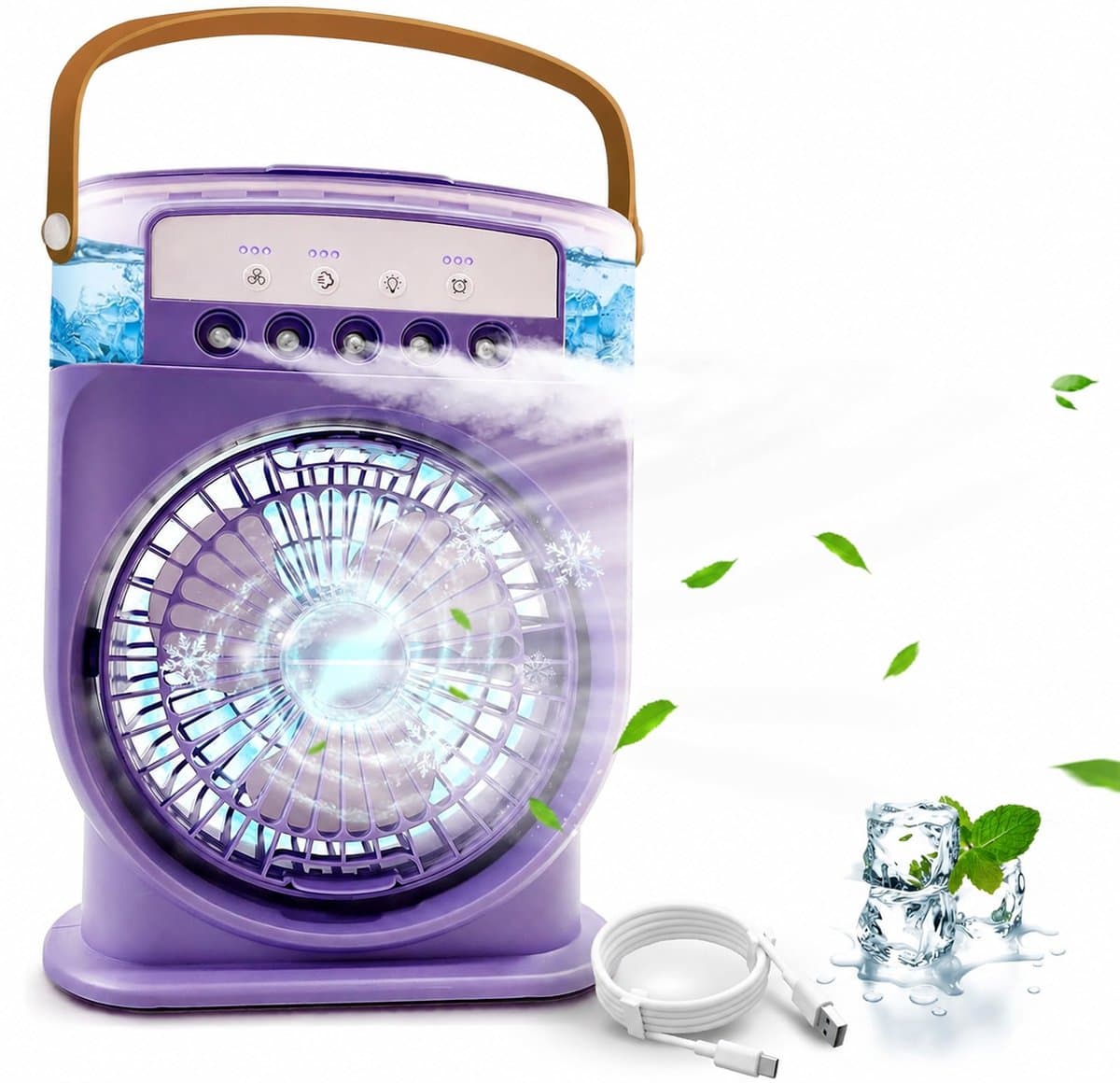 Sander Shop Draagbare mini-airconditioning, 4-in-1, mini-ventilator met waterkoeler, stille airconditioning, verdampingsventilator zonder slang, oplaadbaar, luchtbevochtiger type C met timer (paars) — afbeelding 1