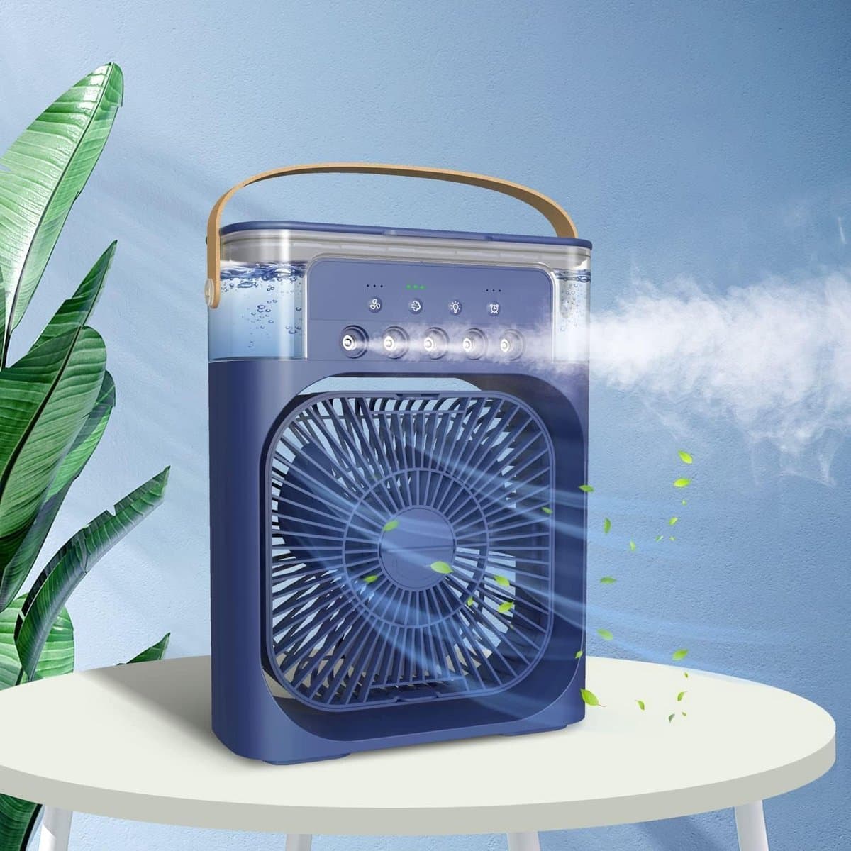 Draagbare USB-miniairco - ventilator voor op het bureau met vernevelaar, aromadiffuser, luchtbevochtiger, timer, automatische uitschakeling, draaifunctie, 7-kleuren-led en stille werking – Voor thuisgebruik - blauw — afbeelding 1