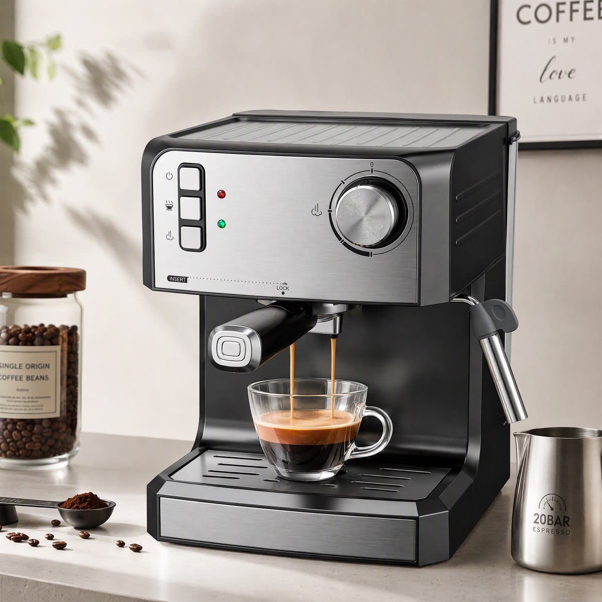 TEKROA® Espressomachine - 20 bar koffiemachine met melkschuimer - 1,6 liter waterreservoir - zwart — afbeelding 1