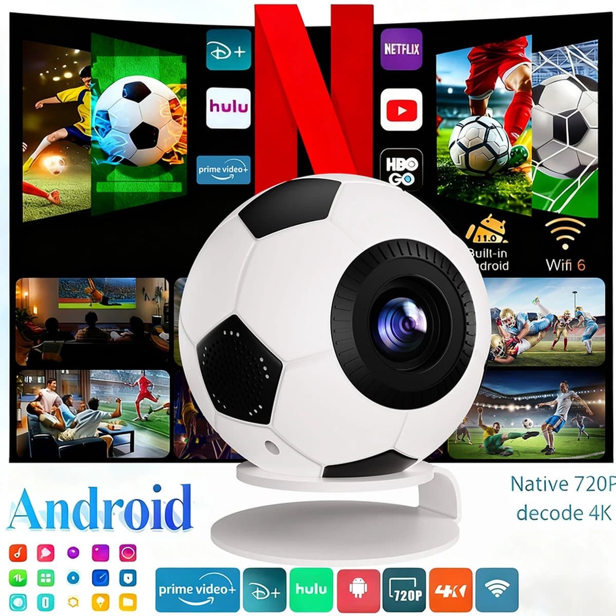 Mini Beamer 1080P Full HD 800 ANSI Lumen, Android 14, WiFi 6, Bluetooth 5.4, Autofocus, 4K ondersteuning, 40-200 inch — afbeelding 1