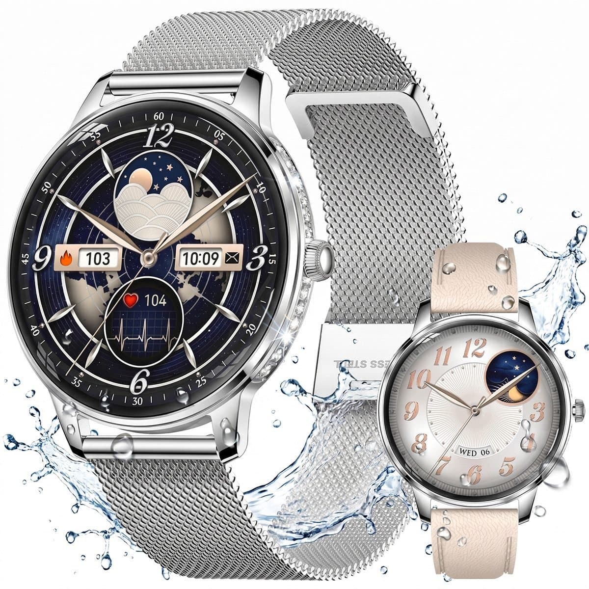 VASHOY HK38 - Smartwatch Dames - Horloge Dames - Full Screen - Bluetooth Spraakassistent – Hartslag, Bloeddruk, Stress, Slaap, Stappenteller - IP68 -Geschikt voor iOS/Android - Zilver — afbeelding 1