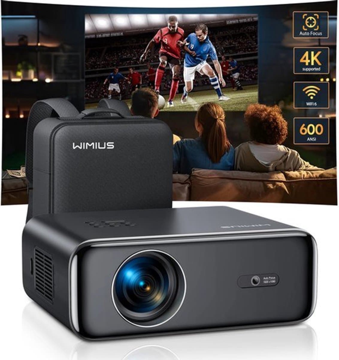 Wimius - Beamer - Projector Beamer - Projector 4k - 1080P - Automatische focus - met WiFi 6 en Bluetooth 5.2 - 600ANSI - Buiten- en thuisprojector - Zwart — afbeelding 1