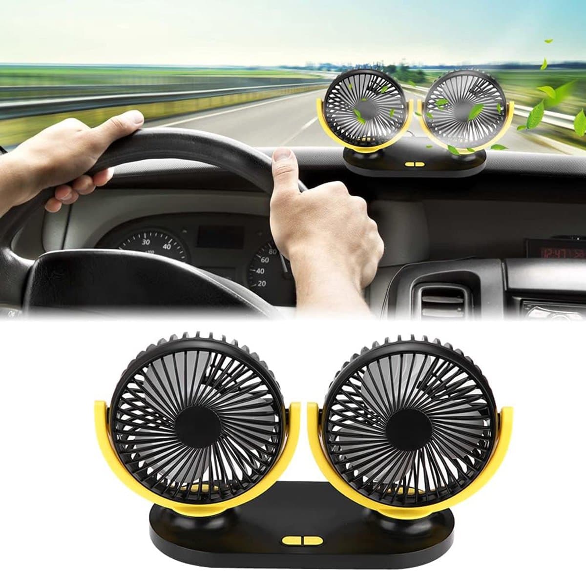 Auto Ventilator USB - Dubbele Autoventilator met 3 Snelheden - Verstelbare Koelventilator voor Auto Vrachtwagen Camper Caravan en Bureau — afbeelding 1