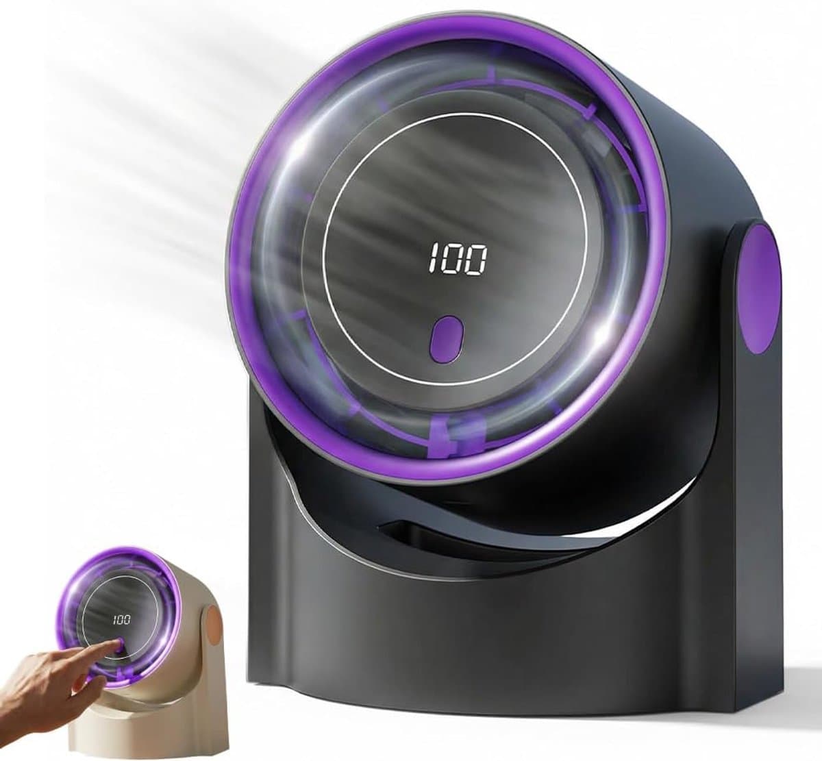 USB‑oplaadbare bladloze bureauventilator, 100 snelheden digitaal display, 12‑uurs batterij, zwart — afbeelding 1