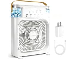 Draagbare airconditioner met ventilator, mini-verdampingskoeler met 5 sproeimondstukken, 3 windsnelheden, 3 timers, 7 kleuren LED-verlichting, 600 ml persoonlijke airconditioner/ventilator voor slaapkamer, kantoor en camping (wit)