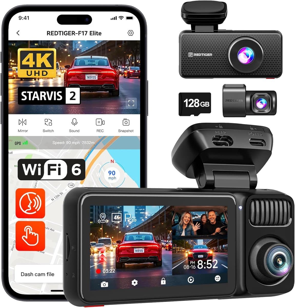 SnelShoppen - 4K 3 Channel Dash Cam met STARVIS 2, 128GB Geheugenkaart, Full Night Color, Touch Screen, GPS, 5GHz WiFi, Voice Control, HDR en Parkeerm — afbeelding 1