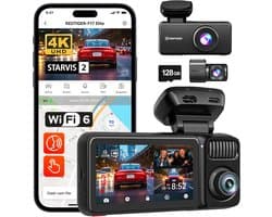 SnelShoppen - 4K 3 Channel Dash Cam met STARVIS 2, 128GB Geheugenkaart, Full Night Color, Touch Screen, GPS, 5GHz WiFi, Voice Control, HDR en Parkeerm