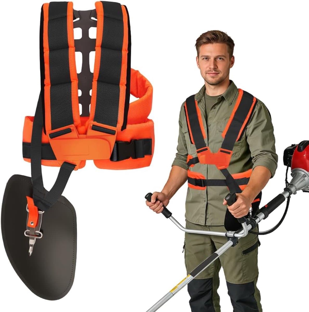 SnelShoppen - Universele Verstelbare Grasmaaierharnas met Padding, Comfortabele Dubbele Schouderband voor Grasmaaier en Bosmaaier, Zwart Oranje met Ve — afbeelding 1