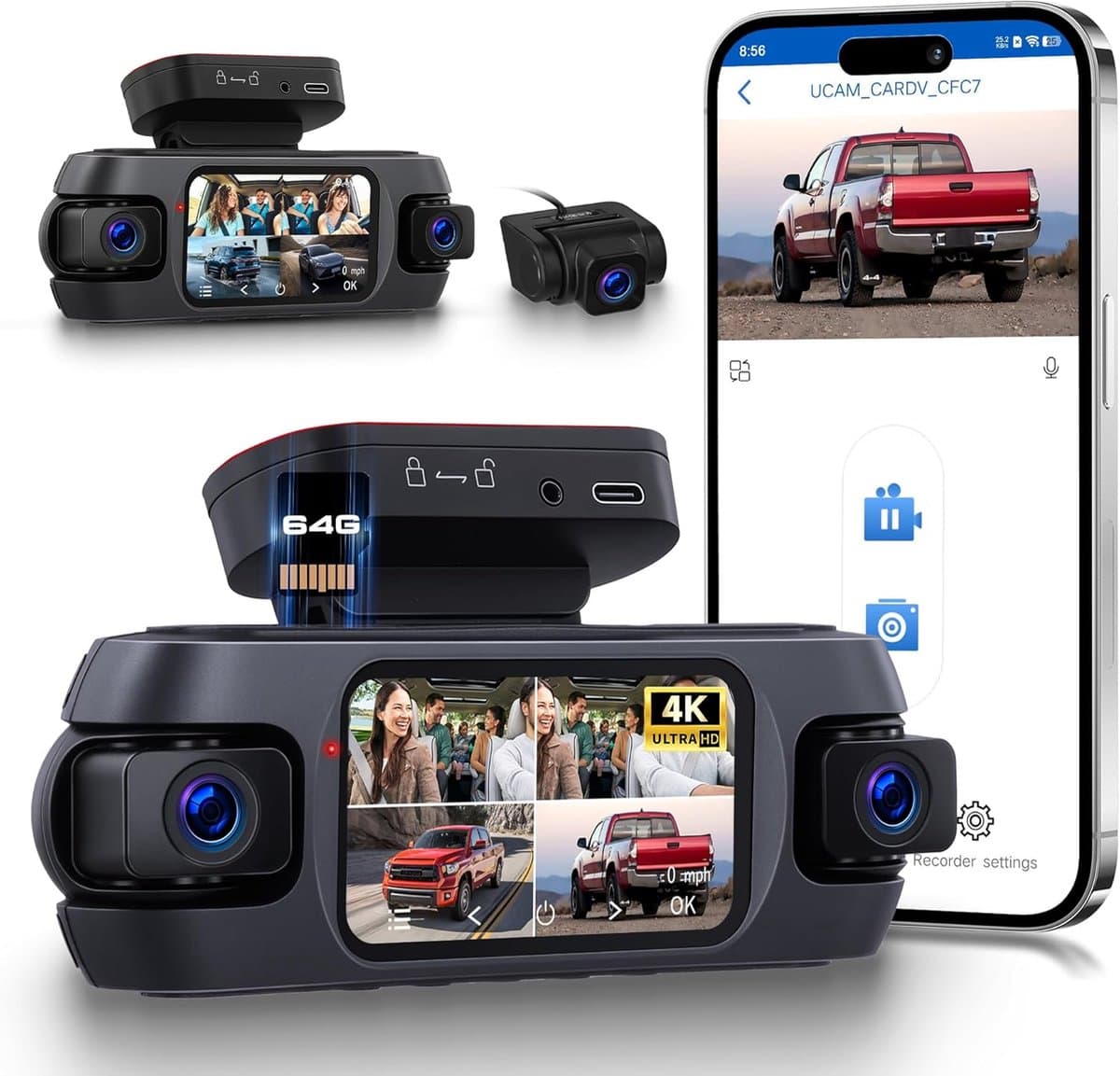 SnelShoppen - 4K Dashcam Auto met 4 Camera's, Wifi App, GPS, Nachtzicht, G-sensor, Parkeerbewaking, 360° Beeld, Voor, Achter, Binnen en Links — afbeelding 1
