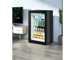Zwarte vrijstaande minikoelkast met een glazen deur van één laag Het krachtige koelsysteem houdt bier cocktails frisdranken en sap langdurig op een comfortabele temperatuur Geschikt voor dagelijks gebruik thuis en op kantoor