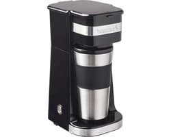 Koffiezetapparaat met thermosbeker voor gemalen filterkoffie - ideaal voor camping - 2 grote koppen - 750 Watt - rvs - zilver/zwart